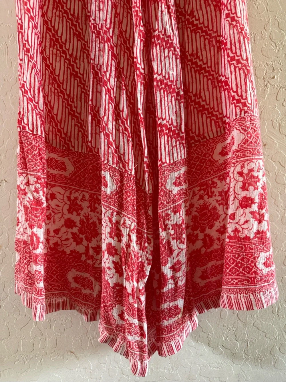 Free People, large, red & white boho-patterned strapless wide-leg jumpsuit